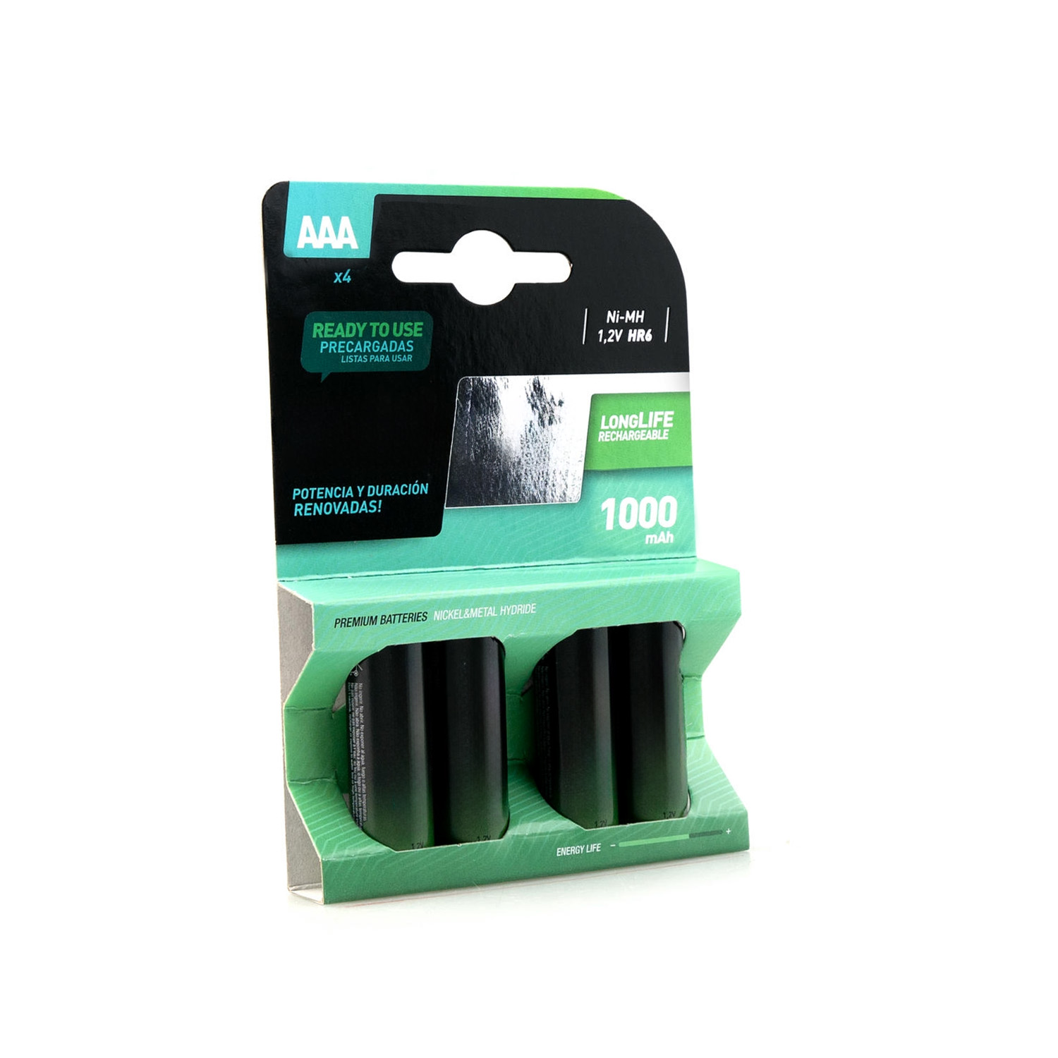 pila recargable Enerhit HR03 de 1000mAh en color azul. Perfecta para dispositivos de alta demanda energética. Potente y duradera. ¡Rinde al máximo!