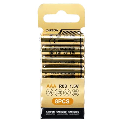 pilas de carbono-zinc R03 (AAA) 1,5 V, paquete de 8 unidades, ideales para dispositivos eléctricos como controles remotos y juguetes.