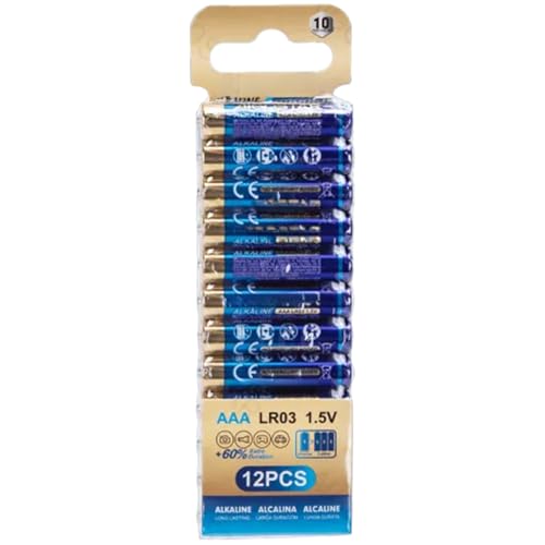 pila alcalina AAA LR03 1,5 V, pack de 12 unidades, ideal para dispositivos electrónicos como mandos a distancia y juguetes.