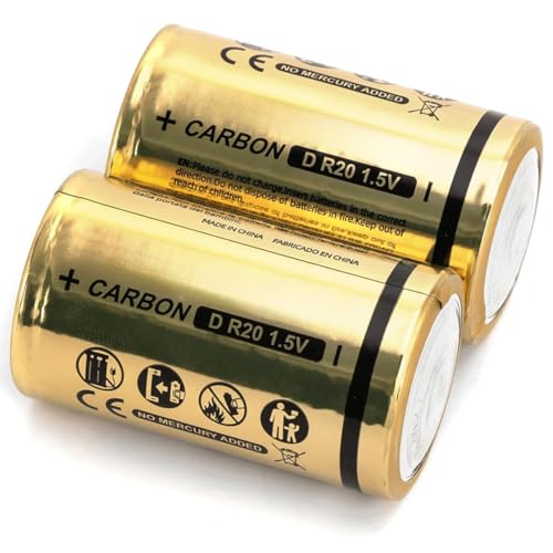 pila de carbono-zinc tipo R20 D 1.5V, pack de 2, ideal para juguetes, controles remotos y dispositivos de bajo consumo.