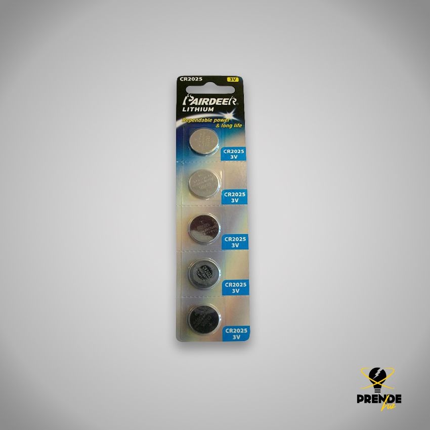pila botón plana cr-2025, 3v, 5 unidades, ideal para relojes, juguetes y dispositivos electrónicos.