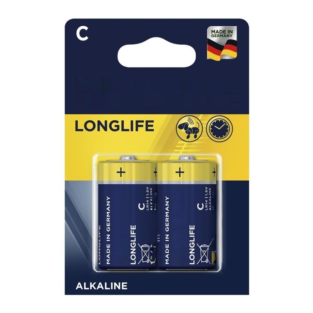 pila alcalina c lr14 longlife, 2 unidades, dimensiones ø26,2x50mm, ideal para dispositivos electrónicos y juguetes.