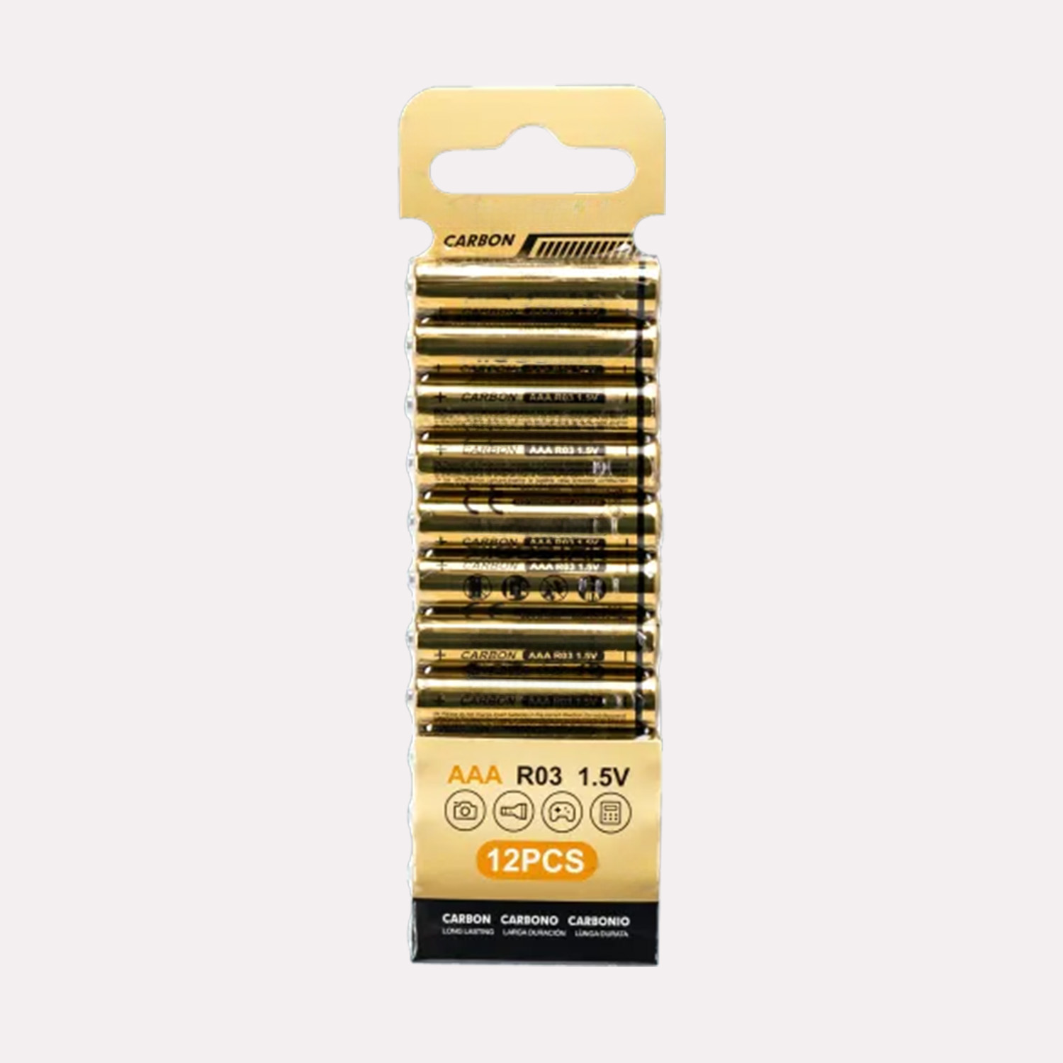 pilas AAA de carbono-zinc 1.5V, 12 unidades, ideales para dispositivos de bajo consumo como mandos a distancia y juguetes.