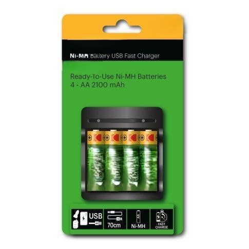 cargador de pilas usb para aa 4x2100mah, ideal para recargar baterías y dispositivos electrónicos de forma eficiente.