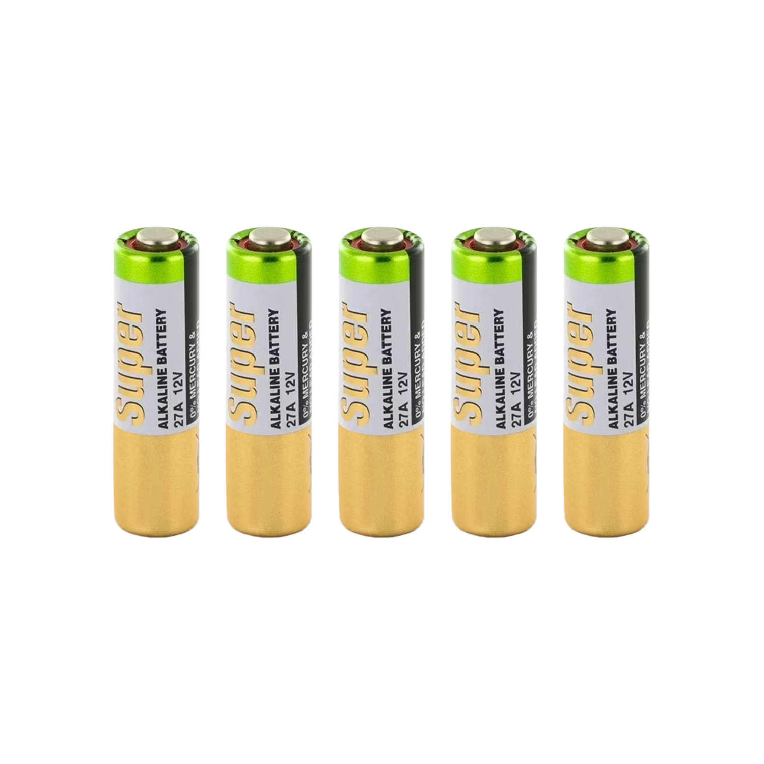 pila energía instantánea alcalina LR27A de 12V, ideal para dispositivos de alto rendimiento. Presentada en un blister de 5 unidades